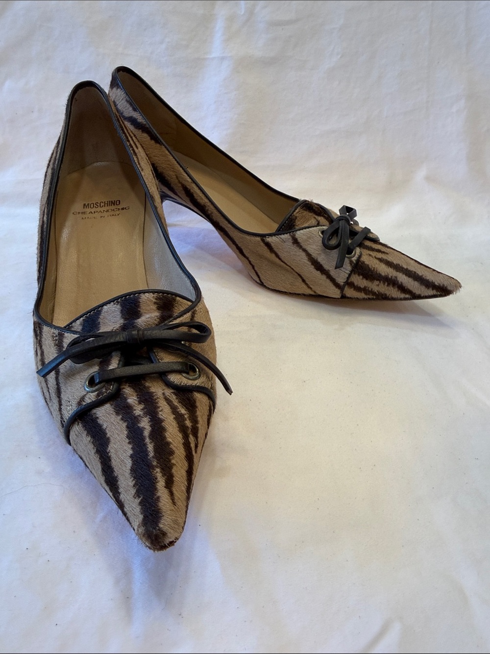 Moschino Cheap and Chic Mohair Zebra-Print Pointed Toe Flats with Black Lacing